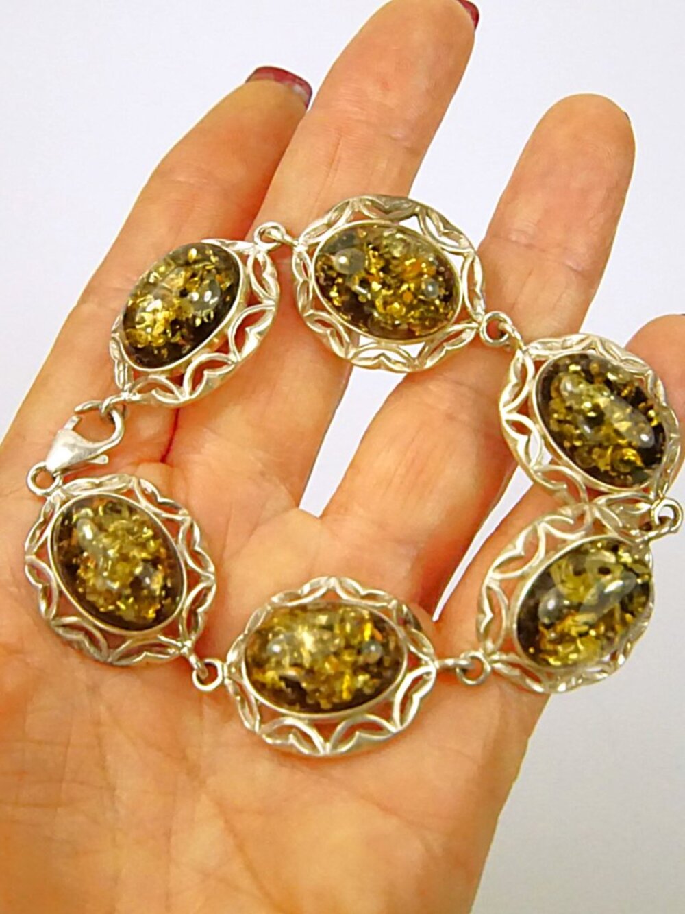 Green Amber Sterling Silver Bracelet 7.5